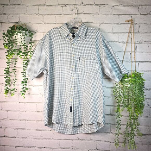 GANT LINEN BLEND MENS SHORT SLEEVE BUTTON DOWN BLUE WHITE CHECKED SIZE LARGE - Picture 1 of 7